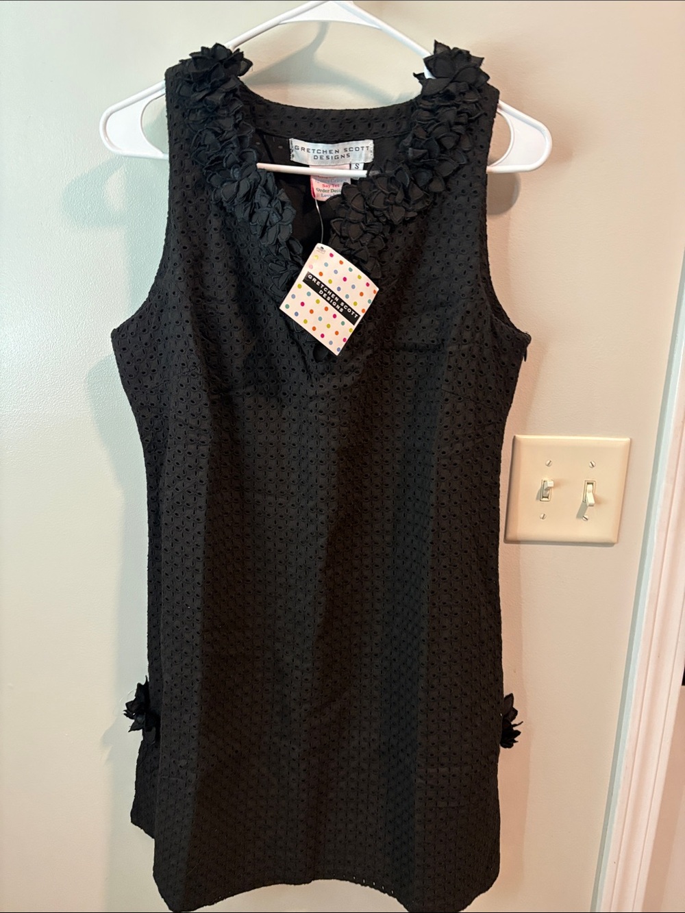Gretchen Scott Designs Black Sleeveless Eyelet Dress with Floral Appliqués